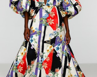 Bold Stripe Floral Satin Fabric by the yard , Colorful Dress & Decor Print
