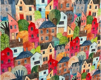 Colorful Houses-Linen Fabric, High Quality Fabric Yard Fabric - (Possibility of printing on either upholstery or satin-chiffon fabric)ala