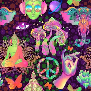 Silky Satin FABRİC -cogumelos trippy, sinal de paz, Buda ácido, borboletas, olho que tudo vê, mandala. No estilo de quadrinhos de desenho animado