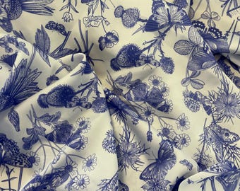 Silky Satin Fabric with Butterfly and Flower Patterns in Blue Shades - (Can be printed on any fabric)-lr