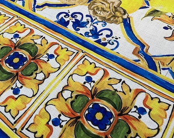 Lemon Majolica Linen Fabric: Mediterranean Print, Dressmaking & Upholstery