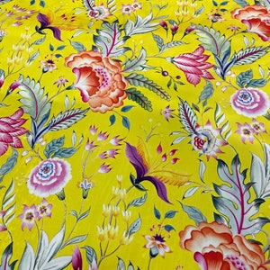 Floral Patterned Silky Satin-Yellow Background Cool Patterned Fabric- Printed on the desired fabric--lr