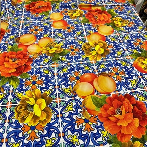 Blue Fruit and Flower Patterned Crepe Fabric-Possibility to print on the desired fabric (Linen-Silky Satin-Chiffon-Crepe) lr