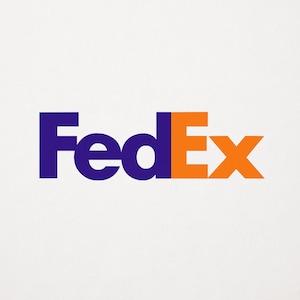 May include: The FedEx logo features the word "FedEx" in a bold, sans-serif font. The "Fed" is in a deep purple, while the "Ex" is in a bright orange. The design is simple and modern, set against a plain white background.