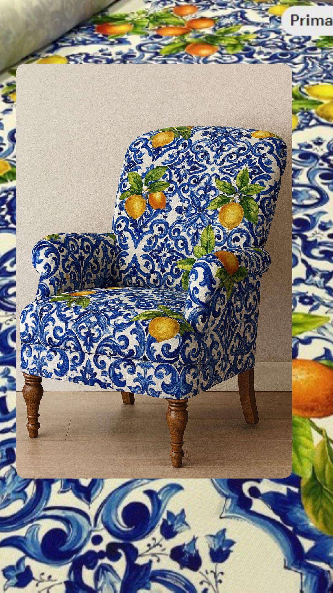Lemon Tile Upholstery Fabric: Mediterranean Baroque Floral Print, Heavy Weight