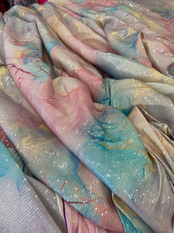 Pastel Rainbow Sequin Fabric: 2-Way Stretch Sparkle Textile