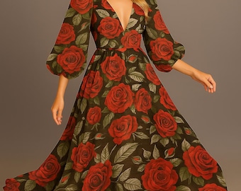 Red Roses Chiffon Fabric: Dressmaking Material (1.64 Yard)