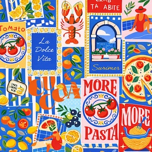 以下が含まれることがあります： イタリア料理と夏のテーマを特徴とするカラフルなコラージュ。トマト、ピザ、パスタ、レモン、ロブスターの画像が含まれています。「La Dolce Vita」、「Summer」、「More Pasta」のテキスト。背景は青と白のストライプです。