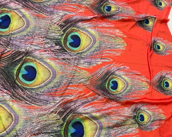 Peacock Feather Silky Satin Fabric - Yellow, Orange, Green