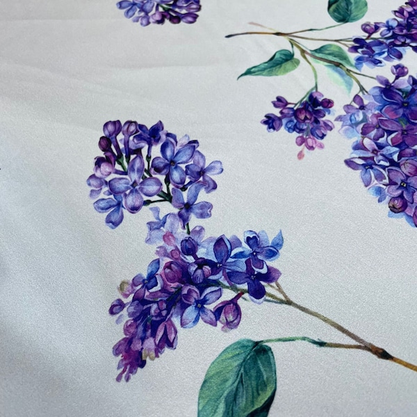 Floral Silky Satin Italian Style Dress Fabric with Purple Lilac floral pattern