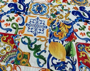 Mediterranean Tile Print Linen Fabric: Lemon Floral Sewing Material