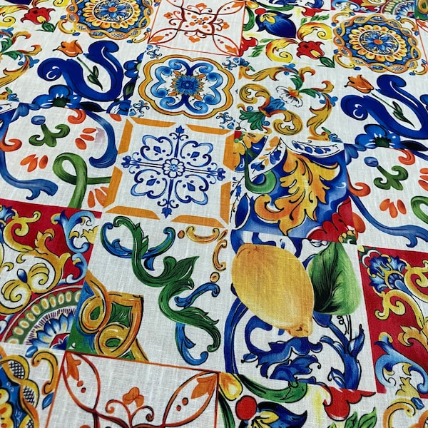 Majolica Lemon Linen Fabric - Sicilian Linen Fabric -suitable for dress-kimono-tablecloth-pillowcase-curtain-runner-seat cover and also