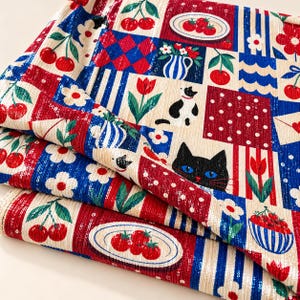 Patchwork-Stretchstoff mit Pailletten, Katzen-, Frucht- und Blumenmuster, Streifenmuster, glänzender Stoff
