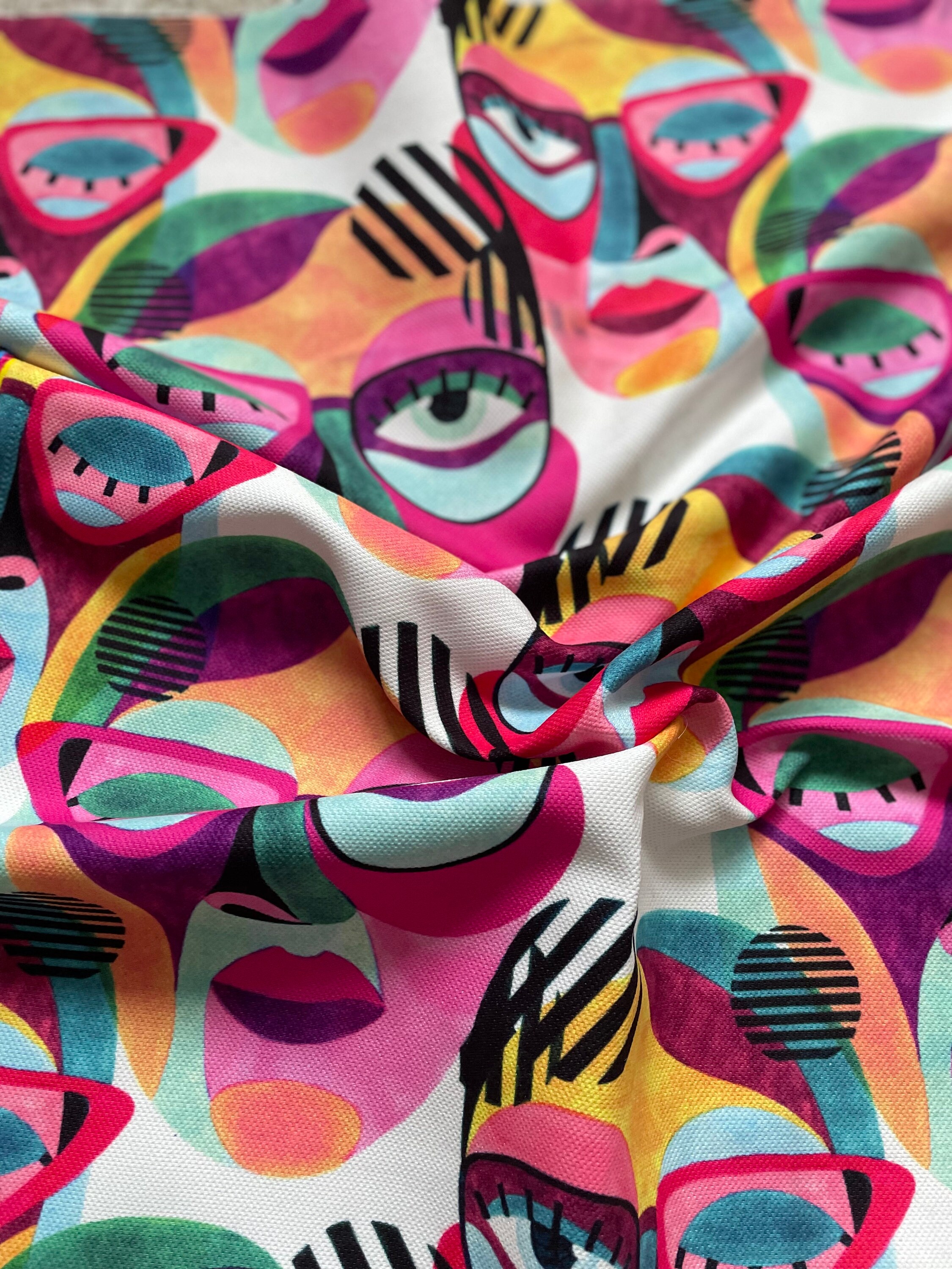 Abstract Face Pattern Linen Fabric Dressedkimono Fabric Etsy