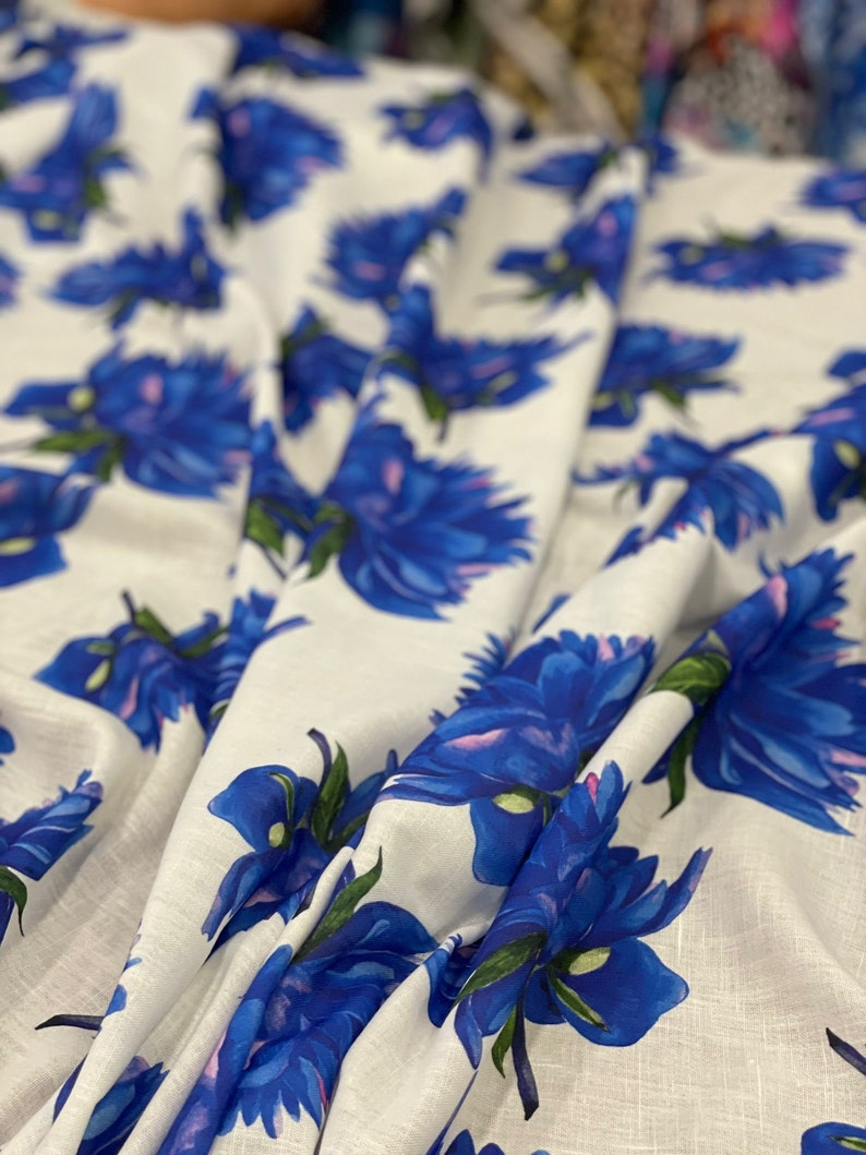 Blue Flower Pattern Linen Fabricit Can Be Preferred in Etsy