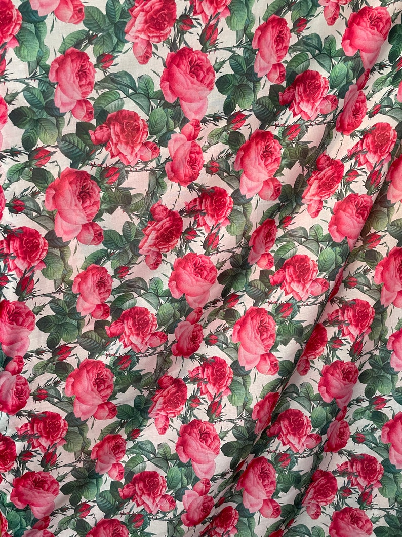 White and Pink Rose Pattern Digitally Printed on Ananya Silk