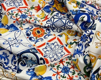 Suitable for Majolica Lemon PatternedTile Patterned Fabric-Upholstery Fabric-Cushion CoverTable Cover-Runner-Curtain-Lampshade-Bag-Bed Cover