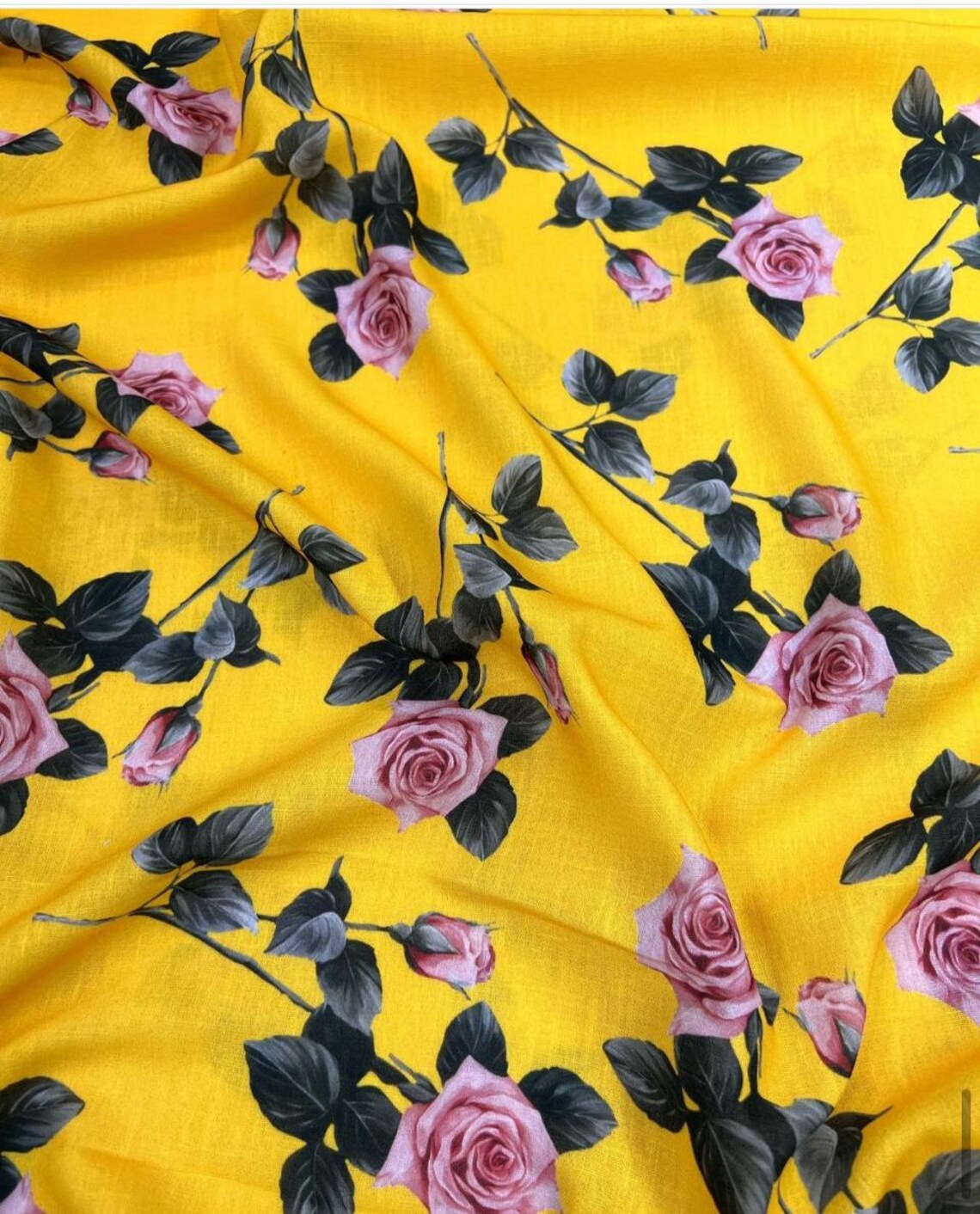 Yellow Rose Linen Fabric: Floral Print, 59