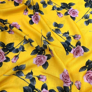 Yellow Rose Linen Fabric Per Meter Floral Pattern 150cm-164yrd-(59&quot;) Width We Also Print Satin,Crepe,Velvet,Upholstery and Chiffon Fabrics