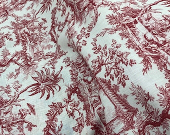 Red Toile de Jouy Linen Fabric: French Vintage Scenic Print