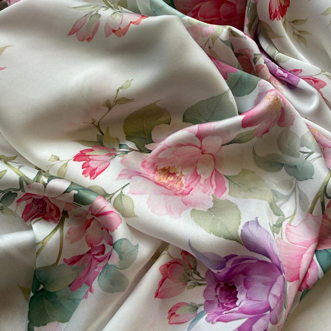 Pink Purple Roses Floral Silky Satin Fabric by the Yard - Etsy