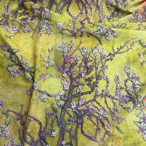 Branches and Mini Flowers Crepe Fabric, Yellow Color Fabric-(printing on the desired fabric linen-chiffon-satin-crepe)lr