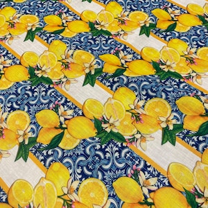 Tela de lino Majolica Lemon - Azul siciliano - adecuada para vestidos, kimonos, manteles, fundas de almohada, cortinas, caminos de mesa, fundas de asientos y también para ala.