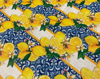 Lemon Print Linen Fabric: Blue Italian Tile Pattern, Sewing Material