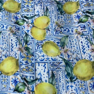 Lemon Print Crepe Fabric: Majolica Tile Pattern