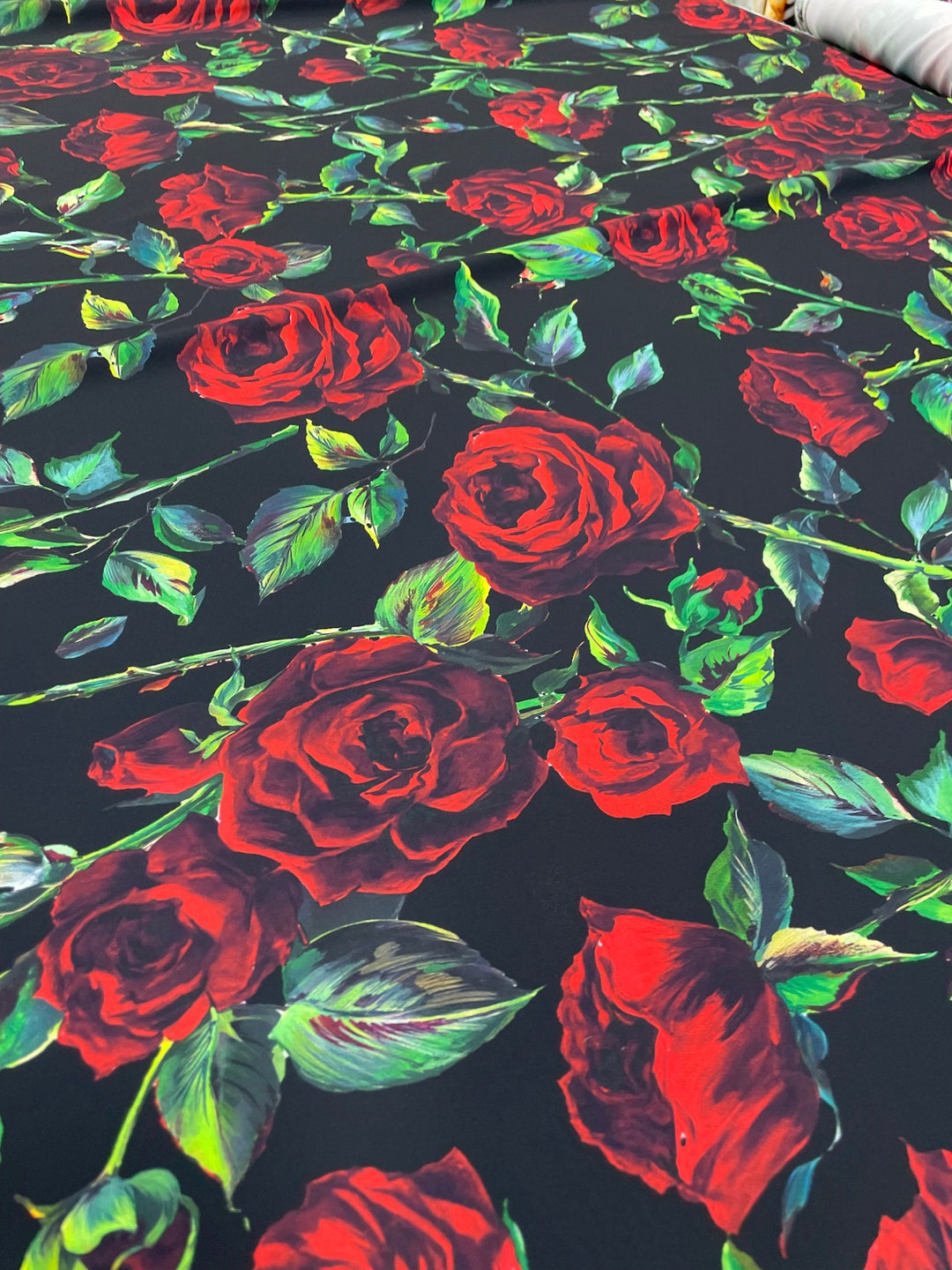 Red Rose Silky Satin Fabric by the Yard, Black Floral Drape for Sewing ...