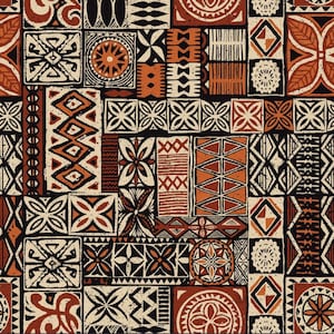 Op de afbeelding: Een herhalend patroon van geometrische vormen in zwart, crème en tinten oranje en bruin. Het ontwerp bevat vierkanten en rechthoeken met verschillende stam geïnspireerde motieven, waardoor een patchwork effect ontstaat.