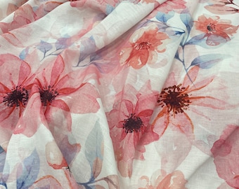 Tela floral de acuarela: lino y algodón con estampado de flores rosas (140 cm de ancho)