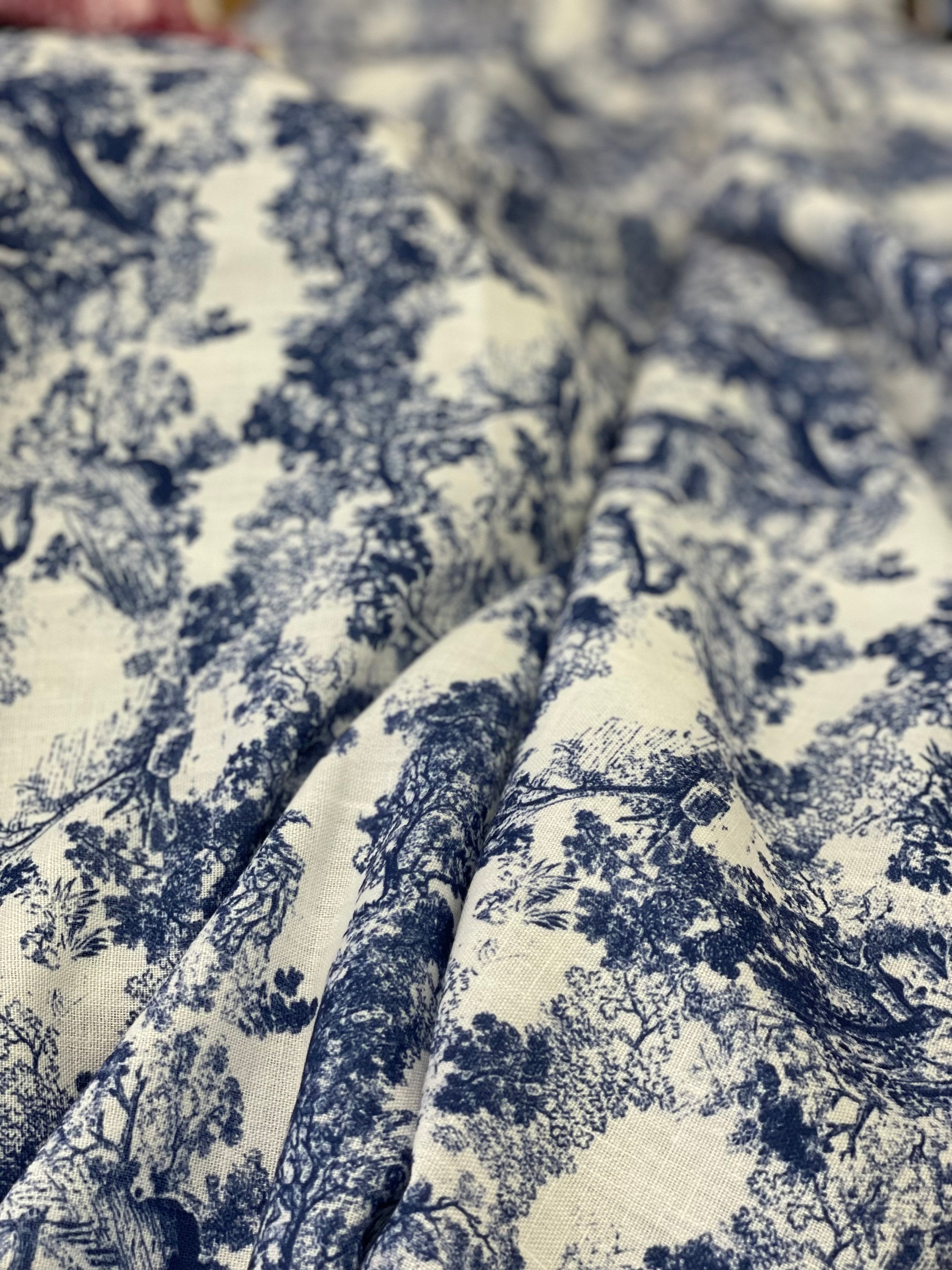 Toile De Jouy Linen Fabric: French Country Print, Red & Blue