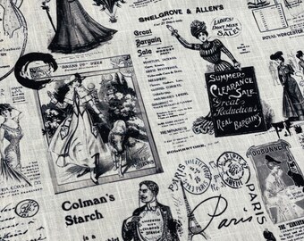 Vintage Newspaper Design Linen Fabric by yard