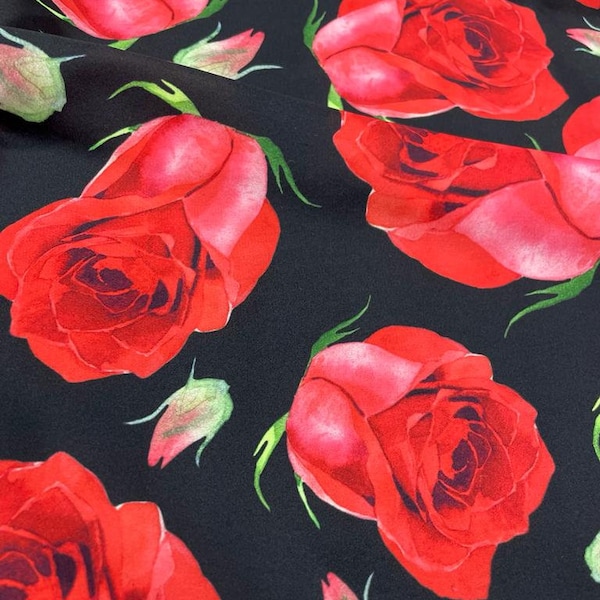 Red Roses Pattern Satin Fabric (suitable for scarves, shirts,trousers and dresses) Possibility of printing on any fabric-ala