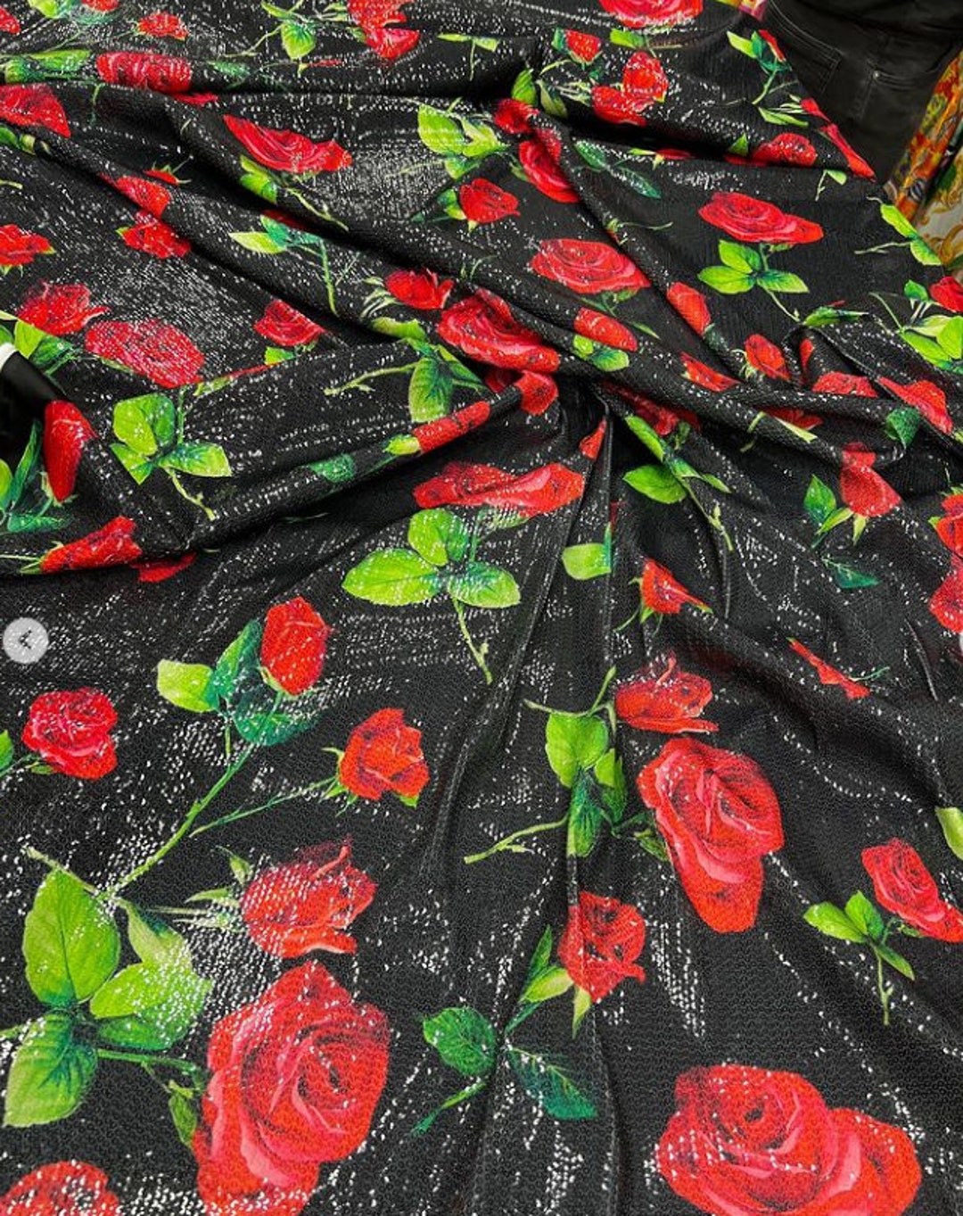 Black Sequin Fabric: Red Roses, 2-way Stretch Floral Textile - Etsy