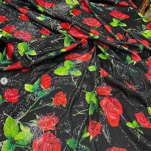 Sequin Lycra Fabric --Red Roses FLOWERS Pattern,