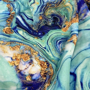 Tie Dye Marble Gold Blue Green Patterned Silky Satin Fabric