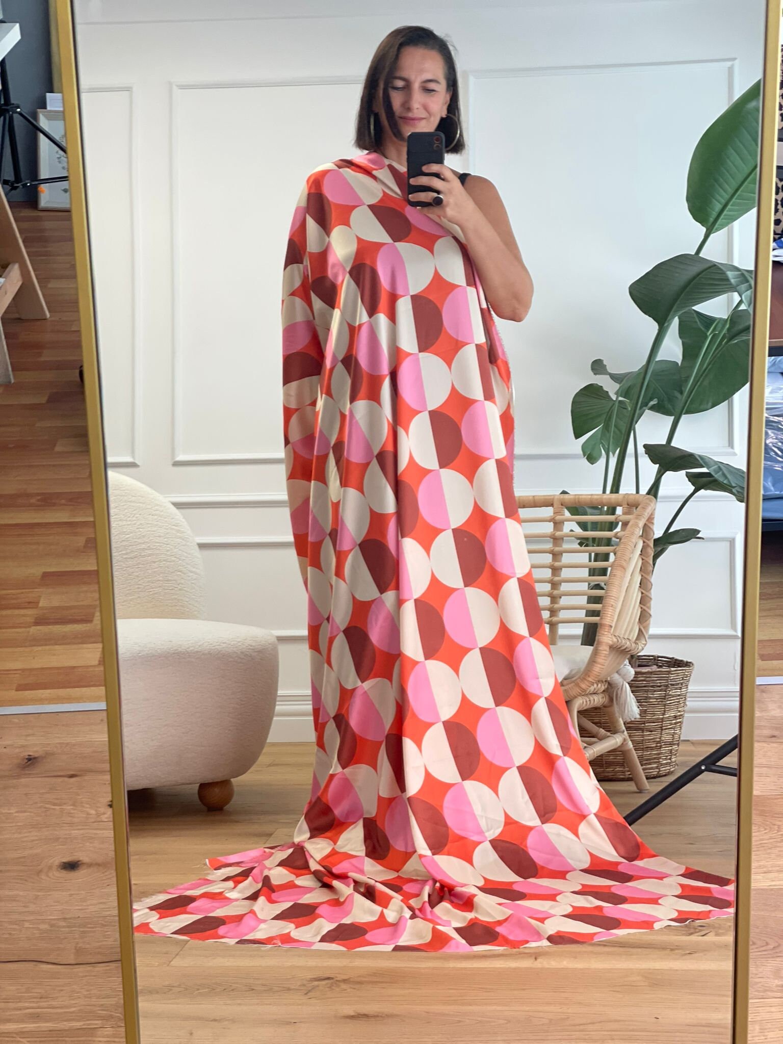 Vintage Orange Pink Brown Colour Patterned Silky Satin Fabric, Highquality Pattern Digital Fabric