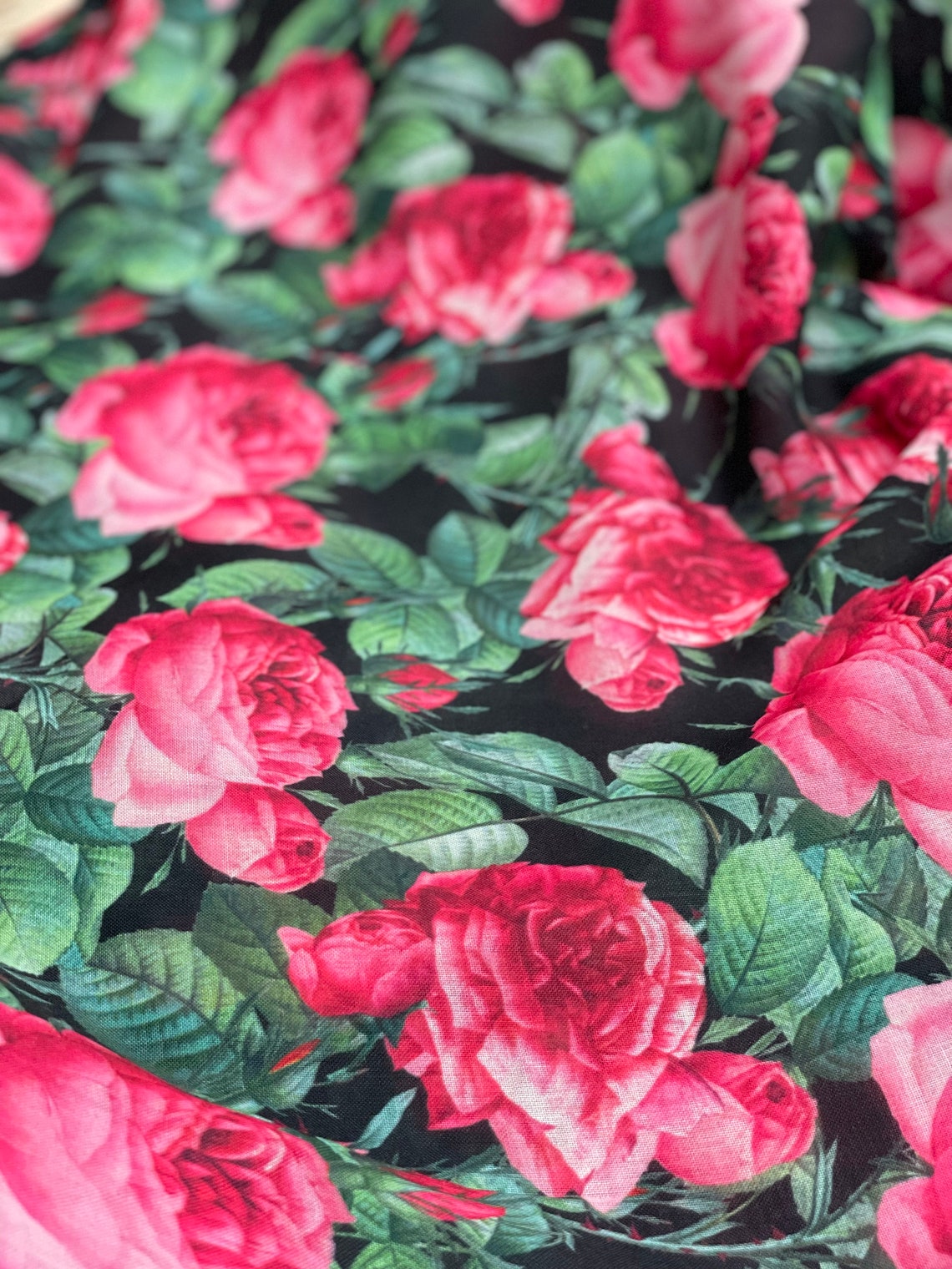 Black Pink Rose Pattern Linen Fabric-highquality Fabricprint - Etsy