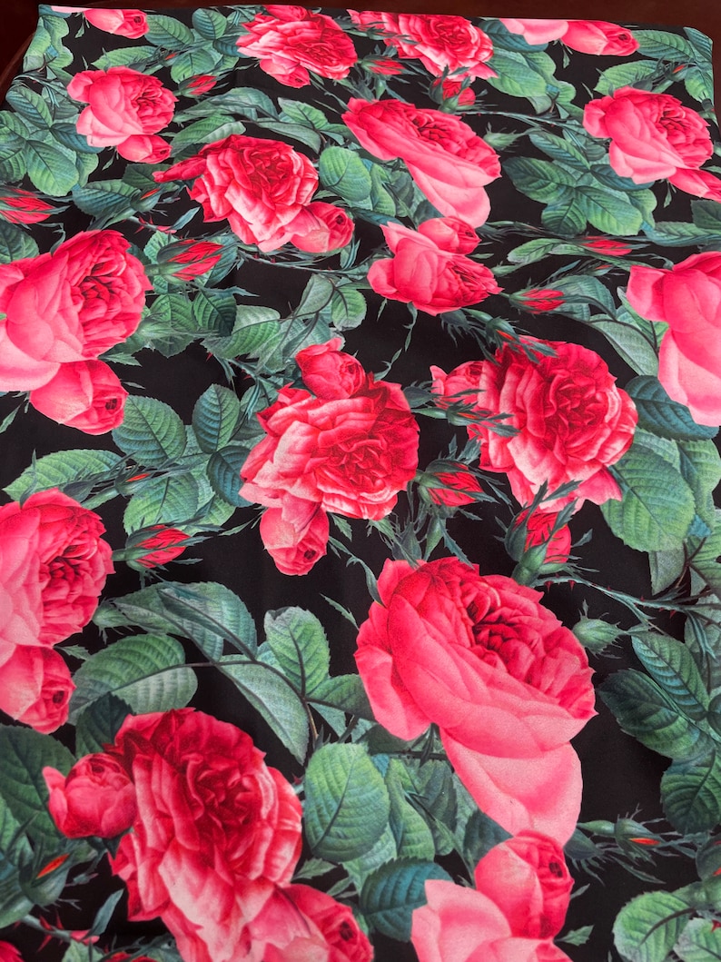 Black Pink Rose Pattern Linen Fabric-highquality Fabricprint - Etsy