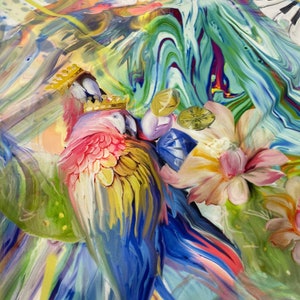 Silky Satin Fabric: Colorful Parrot Print, Apparel Fabric (1.64 Yard)