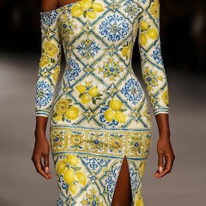 Tela de lentejuelas con estampado de limones - Amarillo Azul Estilo italiano Elástico bidireccional