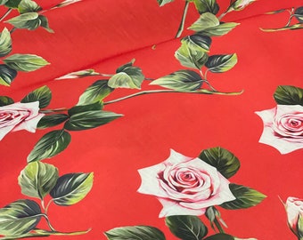 Tela de lino con flores de rosas rojas: material de costura vintage romántico