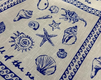Blue Nautical Seashell Linen Fabric by Yard Coastal Summer Sewing Material Call Sea Print