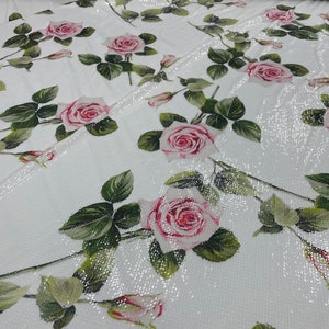 Sequin Lycra Fabric---Pink Rose on White Background-lr