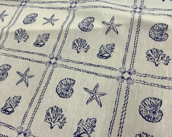 Blue Nautical Seashell Linen Fabric by Yard Coastal Summer Sewing Material Call Sea Print