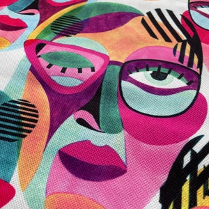 Abstract Face Print Linen Fabric: Colorful Artistic Textile, Home Decor ...