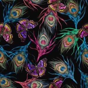 Peacock Feather And Butterfly Pattern Silky Satin Fabric For Dress Is Soft Silky