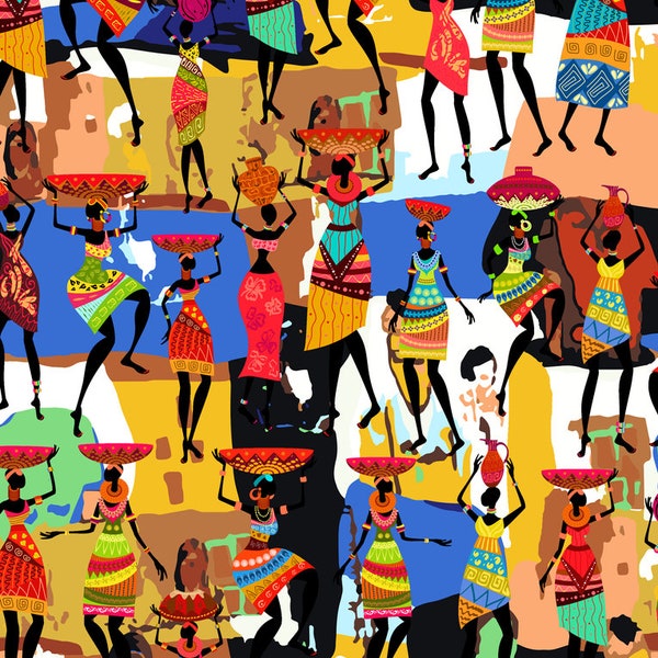Afrikaanse vrouwen patroon zijdeachtige satijnen stof-etnische stof - linnen-satijn-crêpe chiffon (afdrukken op gewenste stof) - lr